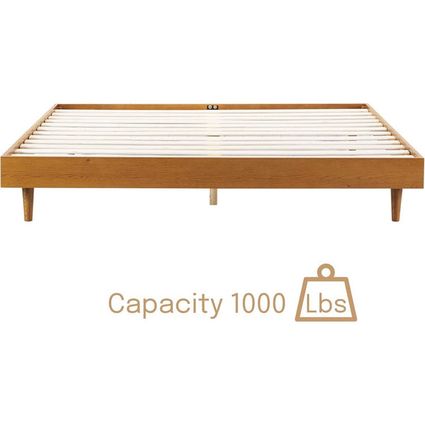 King size Mid-Century Modern Platform Bed Frame in Light Wood Finish