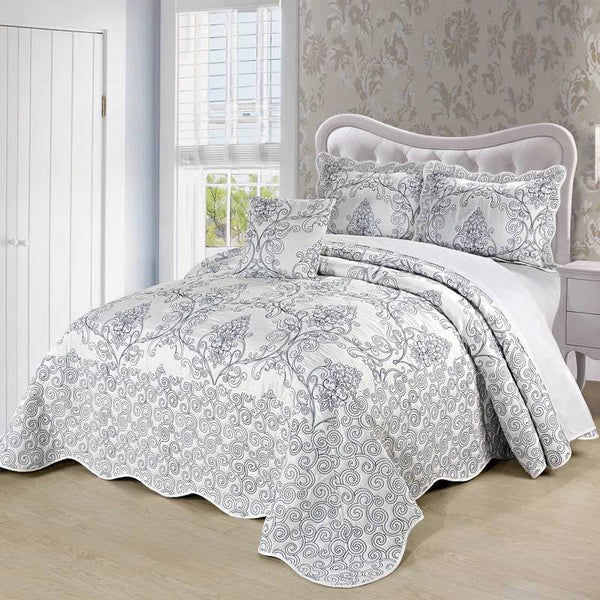 King size White Damask Embroidered 4 Piece Oversized Bedspread Set