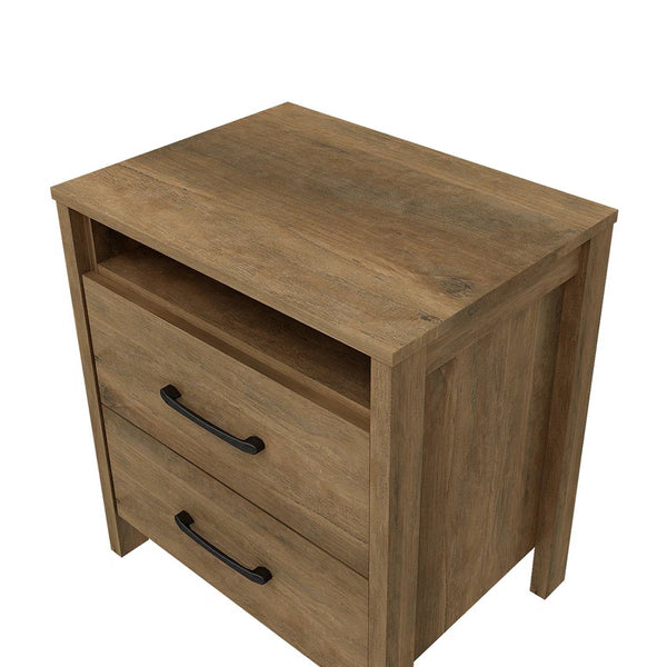 Modern Farmhouse 2-Drawer Nightstand Bedside Table in Brown Oak Wood Finish