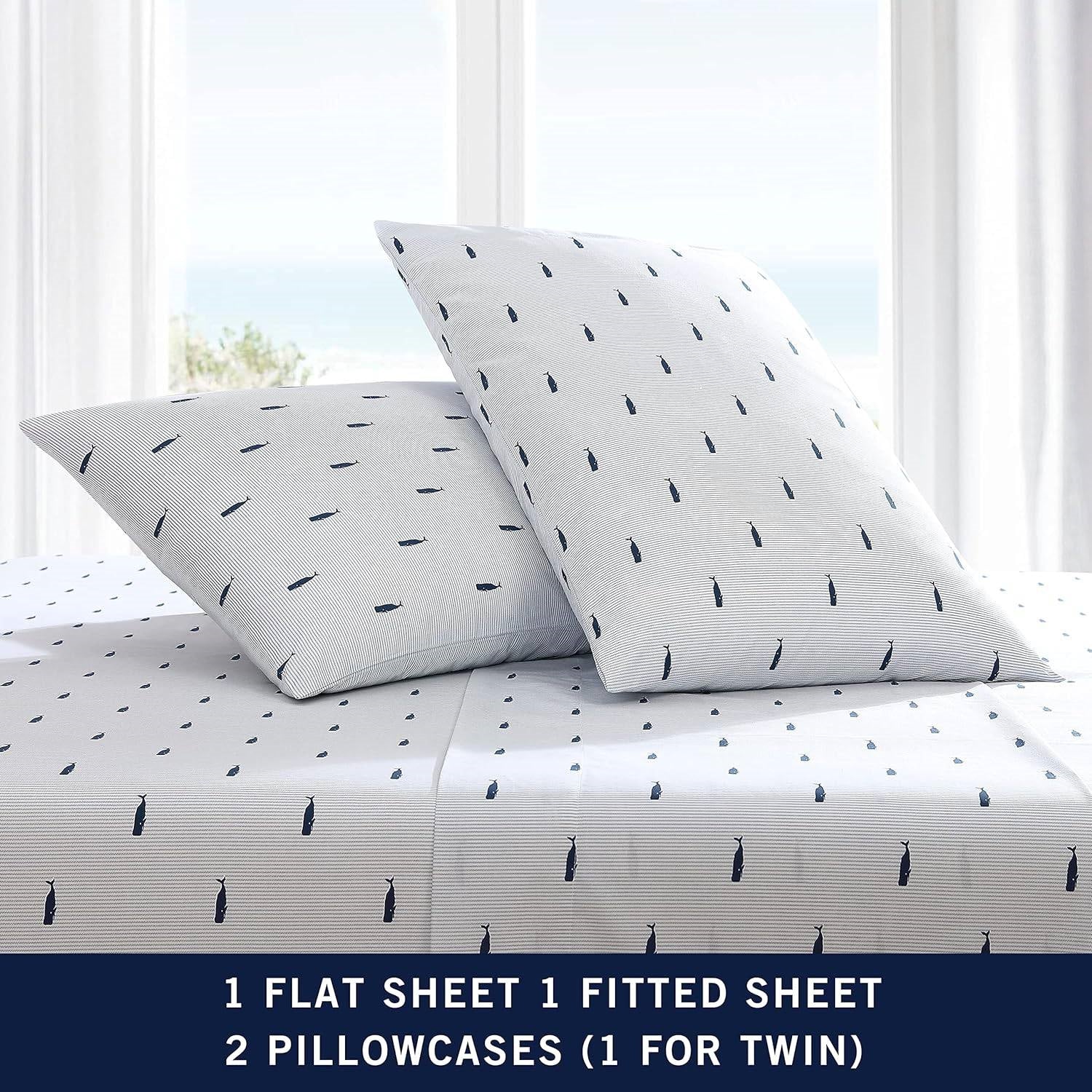 King size Coastal Beach 100-Percent Cotton Navy Blue White Stripe Sheet Set