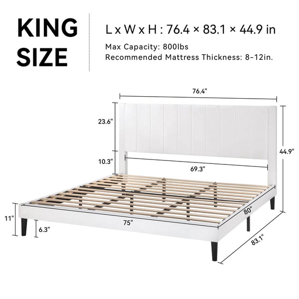 King size White Velvet Upholstered Platform Bed Frame with Headboard
