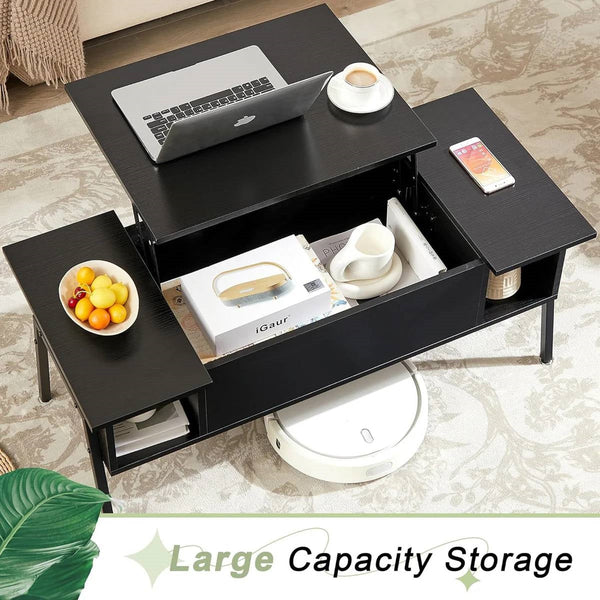 Modern Lift-Top Coffee Table Laptop Desk with Storage Shelf in Black Wood Finish