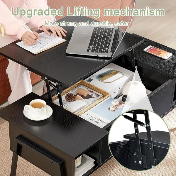 Modern Lift-Top Coffee Table Laptop Desk with Storage Shelf in Black Wood Finish