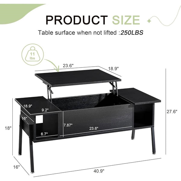 Modern Lift-Top Coffee Table Laptop Desk with Storage Shelf in Black Wood Finish