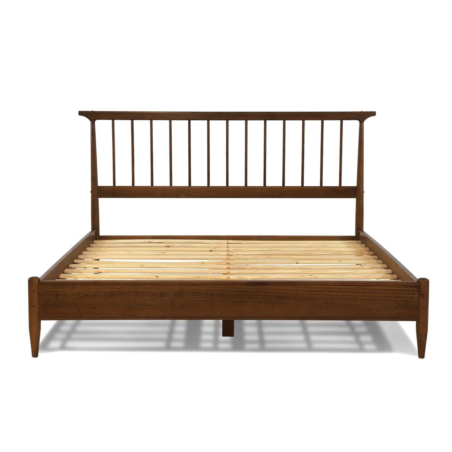 Queen Size Hardwood Mid Century Platform Bed Frame with Headboard in Walnut