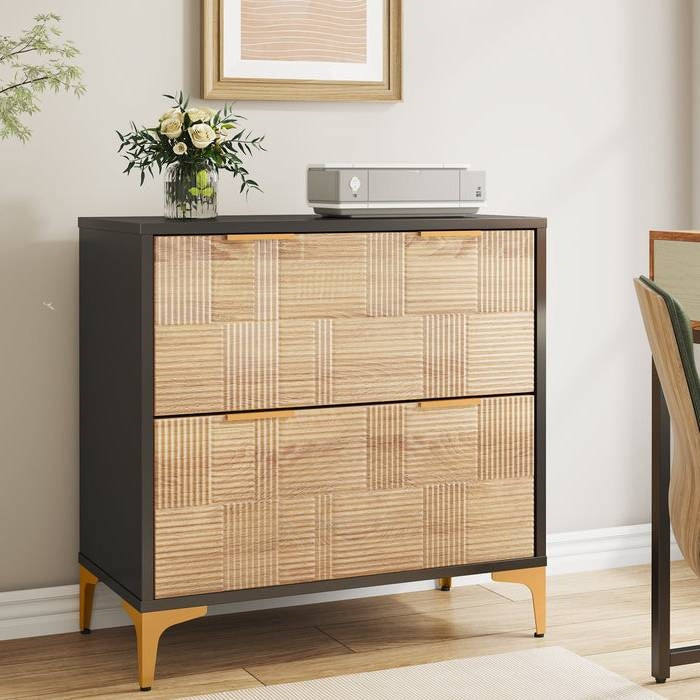 Retro Natural/Black with Gold Handles/Legs 2 Drawer Filing Cabinet Printer Stand