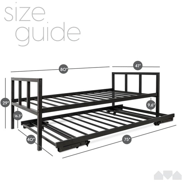 Twin Heavy Duty Black Metal Daybed Frame with Roll-Out Pop-Up Trundle Bed Frame