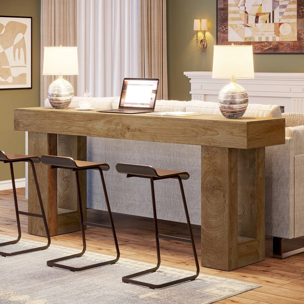 Modern Farmhouse 63-inch Long Narrow Console Sofa Table in Natural Wood Finish
