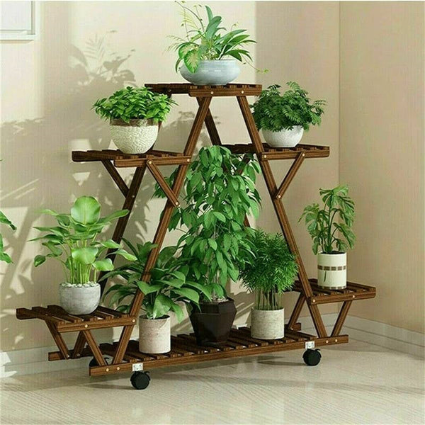 Indoor Outdoor Solid Wood Triangular Multi-Tier Plant Stand with Locking Wheels