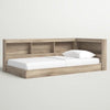 Twin size Natural Wood Corner Storage Bed with Bookcase Headboard and USB Ports