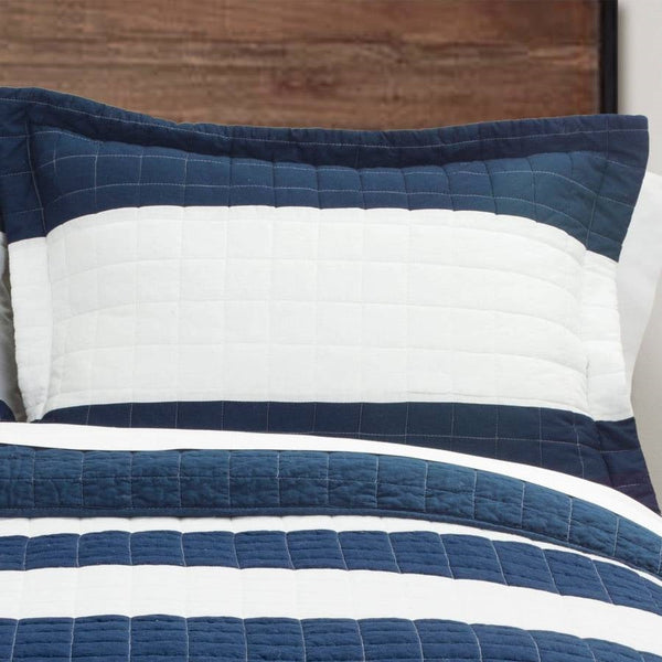 Full/Queen Navy White Stripe 3 Piece Cotton Lightweight Quilt Set