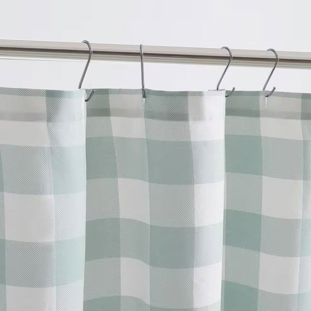 72-inch 100-Percent Cotton Fabric Shower Curtain with Green White Plaid Pattern