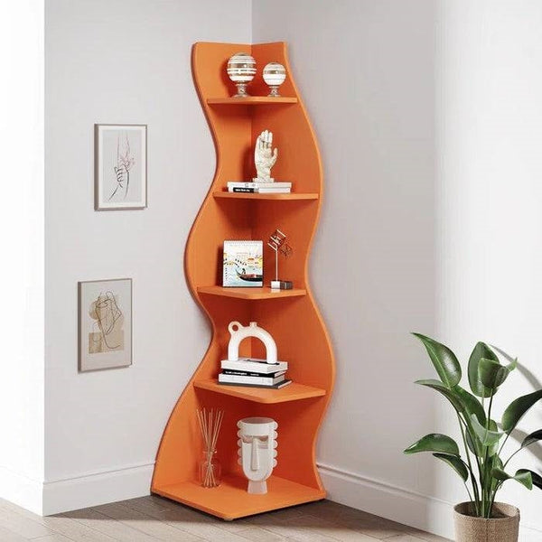 Modern Wave Shape 5 Shelf Corner Bookcase in Orange Wood Finish