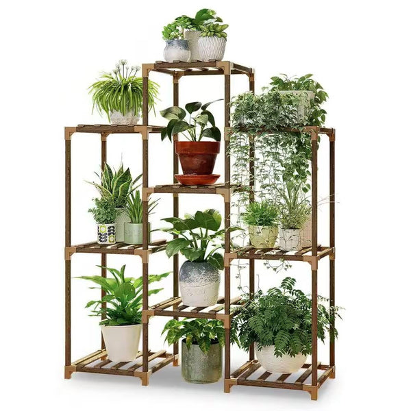 Natural Wood Bookcase Plant Stand Shelving Rack - Holds up to 9 Planters
