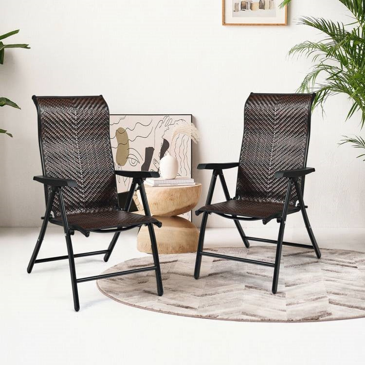 Outdoor Folding Steel Frame Rattan Patio Chair with Armrest in Brown