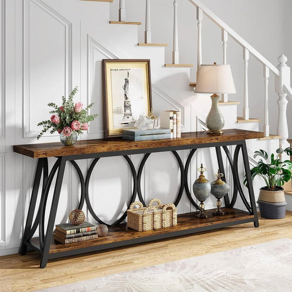 Industrial 70-in. Brown Wood Top Console Table with Heavy Duty Black Metal Frame