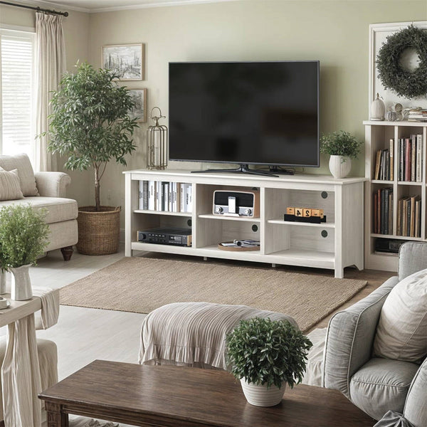 Farmhouse TV Stand in White Wood Grain Finish - for TVs up to 70-inch