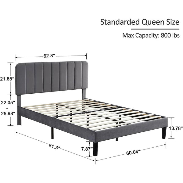 Queen size Dark Grey Upholstered Platform Bed Frame with Headboard