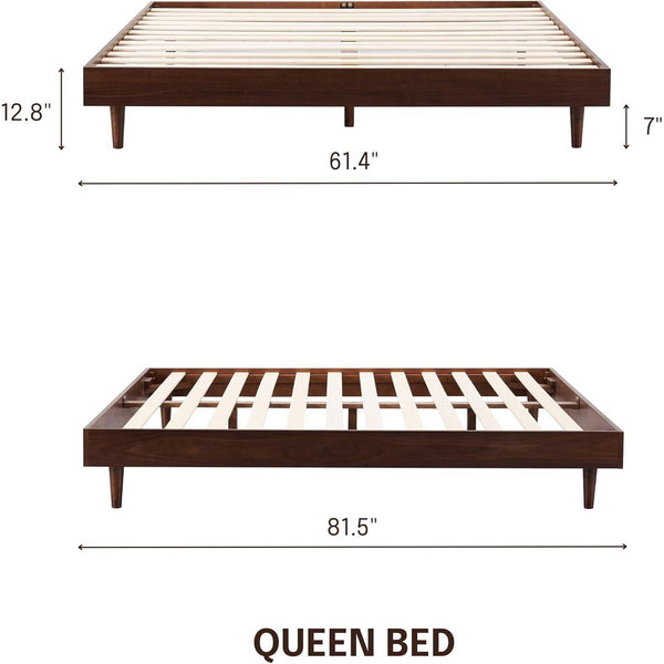 Queen size Mid-Century Modern Platform Bed Frame in Dark Brown Wood Finish