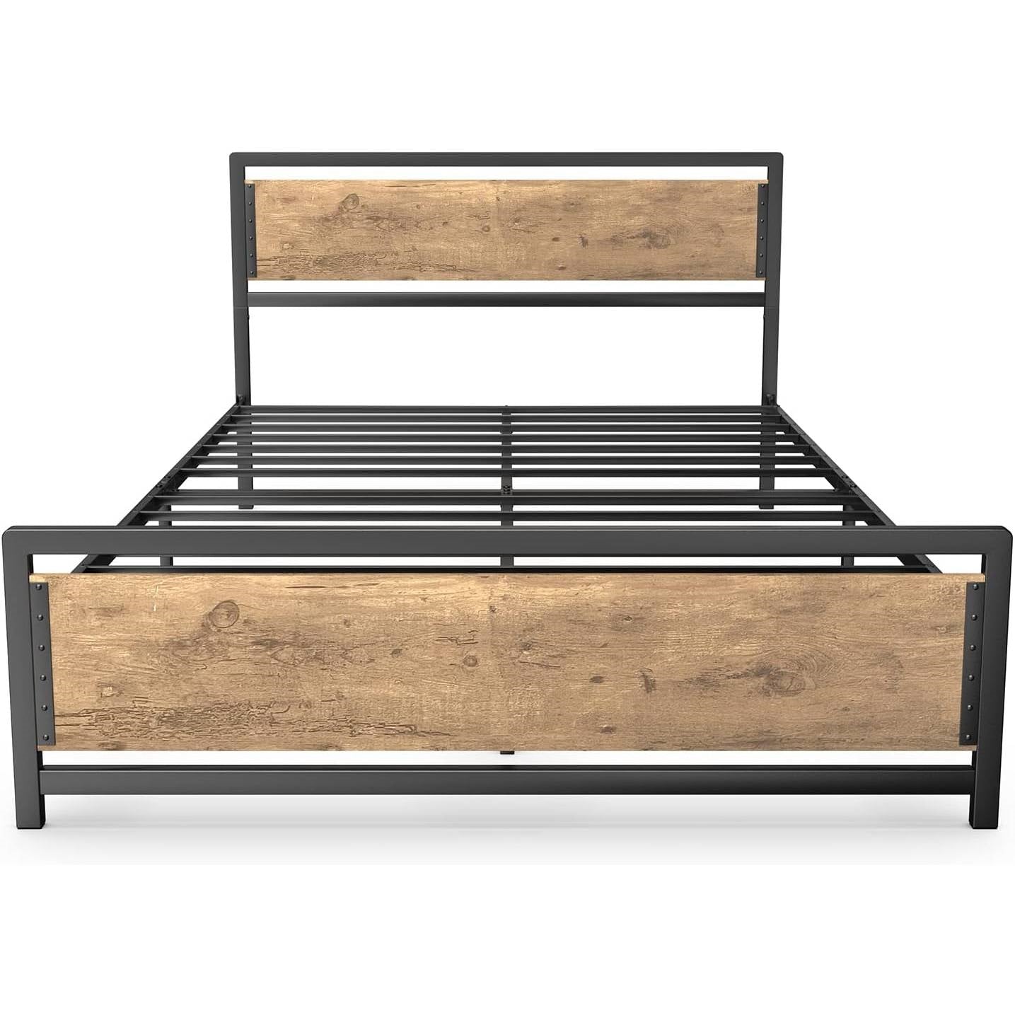 Queen Modern Metal Wood Industrial Platform Bed Frame with Headboard Footboard