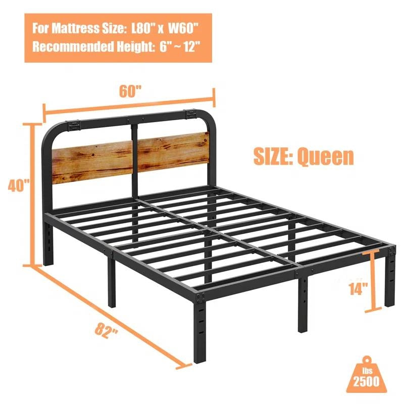 Queen Heavy Duty Black Metal Bed Frame with Solid Wood Panel Headboard