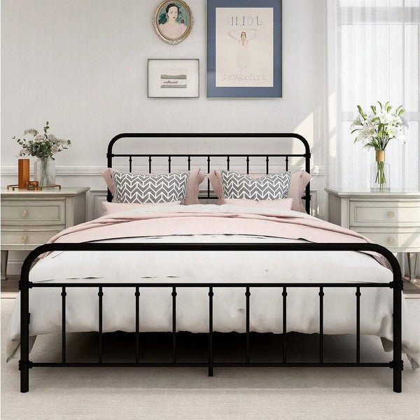 Queen Classic Farmhouse Black Metal Bed Frame with Rounded Headboard Footboard
