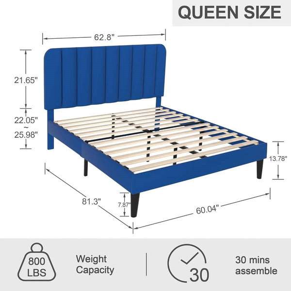 Queen size Blue Upholstered Platform Bed Frame with Headboard