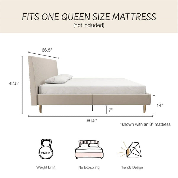 Queen Mid-Century Ivory Cream Velvet Upholstered Platform Bed with Headboard