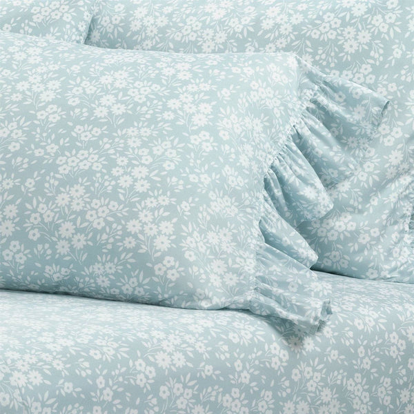 Queen Size Polyester Blue Ruffle Floral 6 Piece Sheet Set