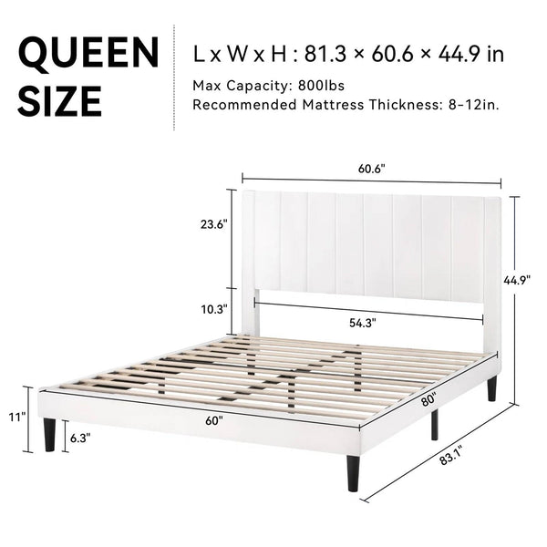 Queen size White Velvet Upholstered Platform Bed Frame with Headboard