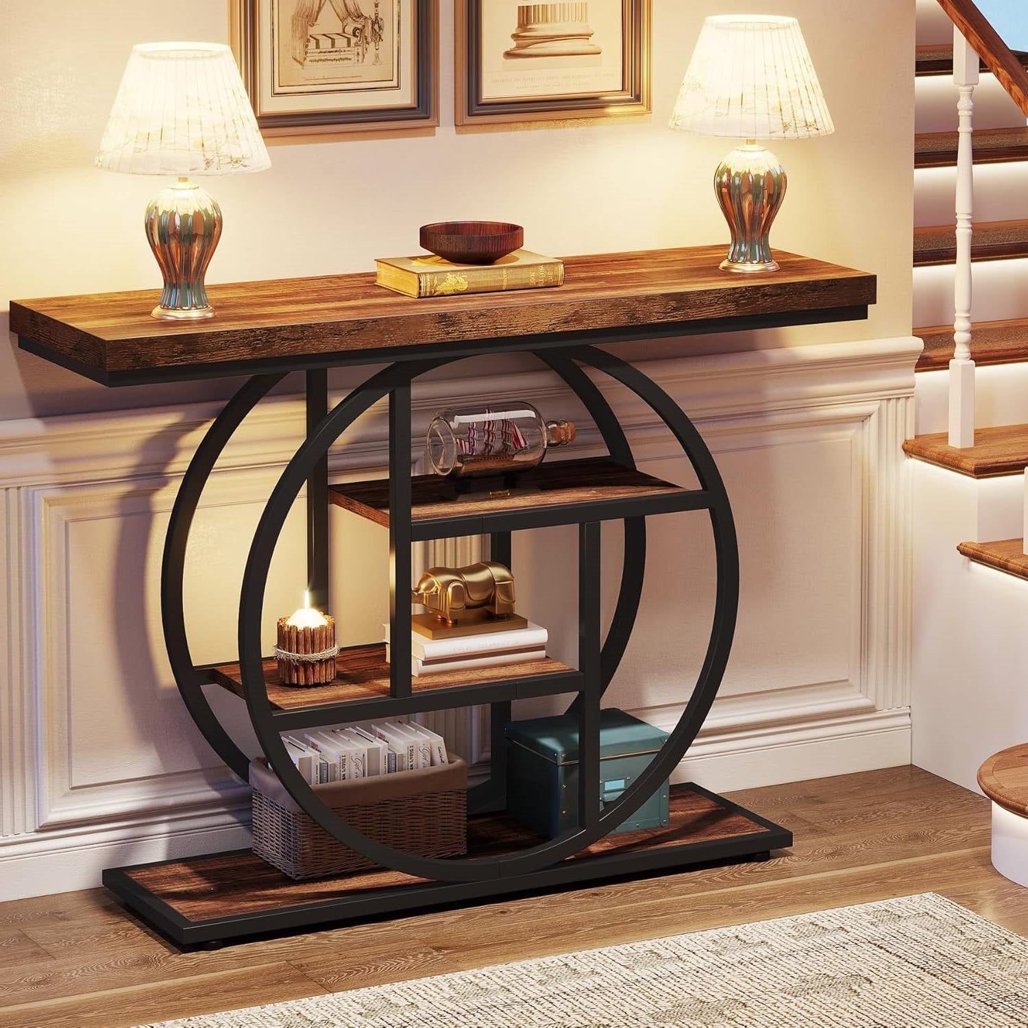 Modern Industrial 41-inch Long Narrow Entryway Foyer Console Table with Shelves