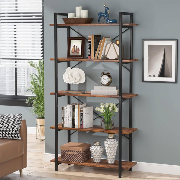 Modern Industrial 5-Shelf Bookcase with Sturdy Metal Frame and Wooden Shelves
