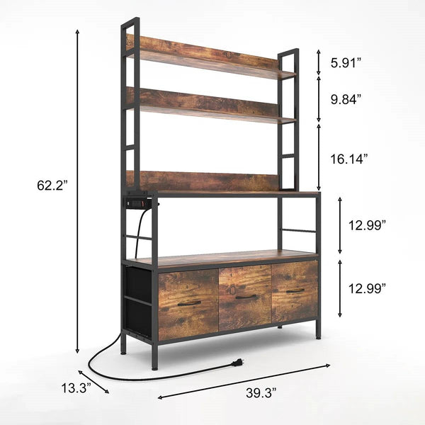 Black Metal Kitchen Baker's Rack with Brown Wood Shelves and Storage Cabinets