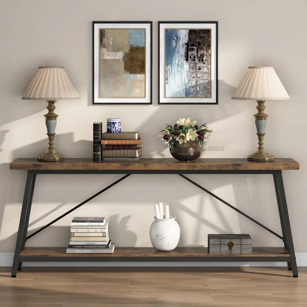 Sturdy 70-inch Industrial Brown Wood Top Console Table with Black Metal Frame
