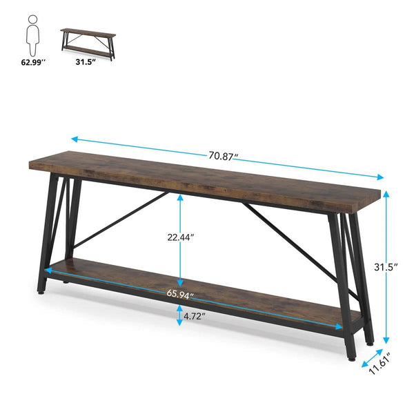 Sturdy 70-inch Industrial Brown Wood Top Console Table with Black Metal Frame