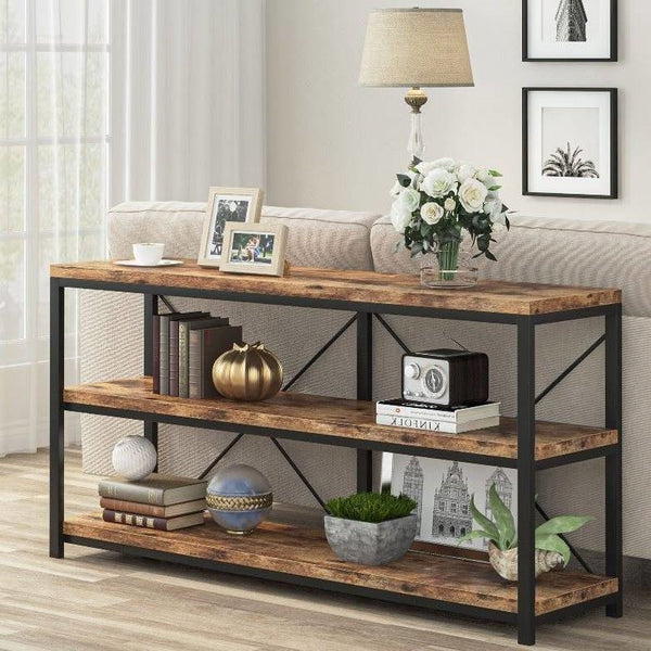 Industrial 55-inch Wood Shelf Console Sofa Table with Sturdy Black Metal Frame