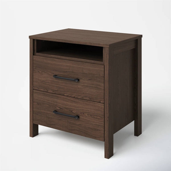 Modern 2-Drawer Nightstand Bedside Table in Brown Walnut Wood Finish