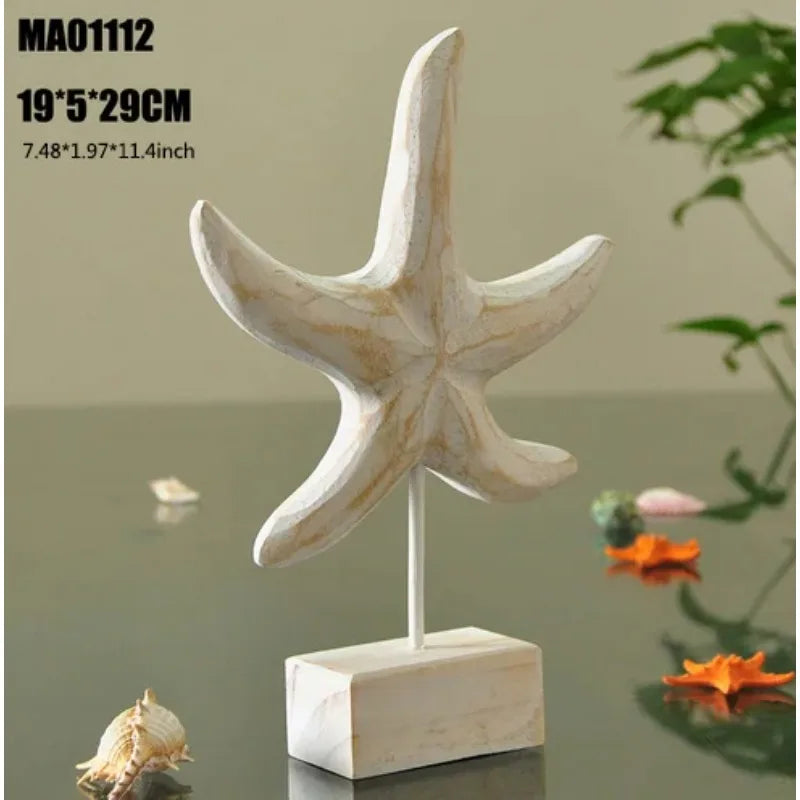 Mediterranean Style Home Decoration Accessories Wooden Crafts Starfish Conch Hippocampus Wood Carving Marine Living Room Decor