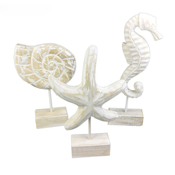 Mediterranean Style Home Decoration Accessories Wooden Crafts Starfish Conch Hippocampus Wood Carving Marine Living Room Decor