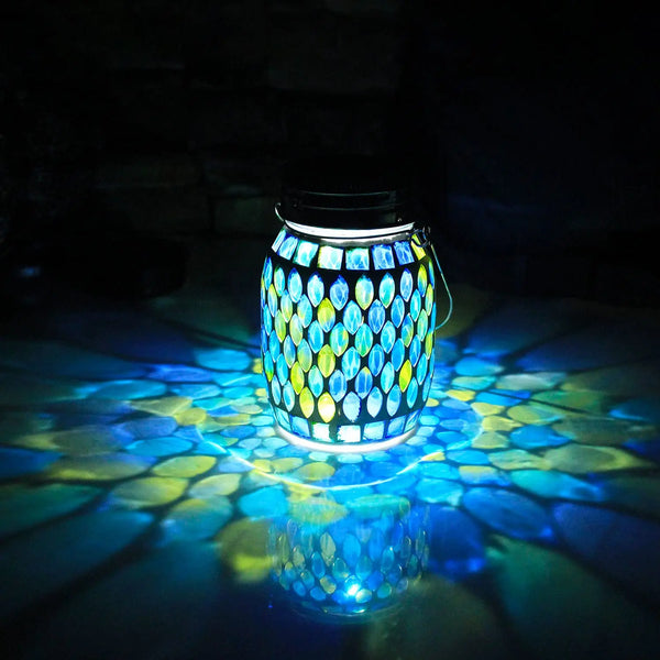 Mosaic Solar Powered Lanterns for Outdoor Hanging Mason Jar Glass Bottle Lights Waterproof for Garden Patio Pathway & Yard Décor