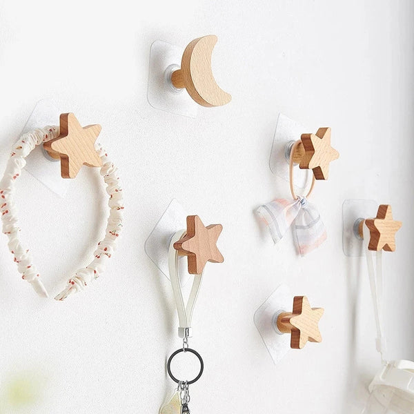 1Pc Star Moon Wooden Hook Multi-Purpose Key Holder Coat Storage Rack Wall Self Adhesive Hook Children Room Decoration Gadgets