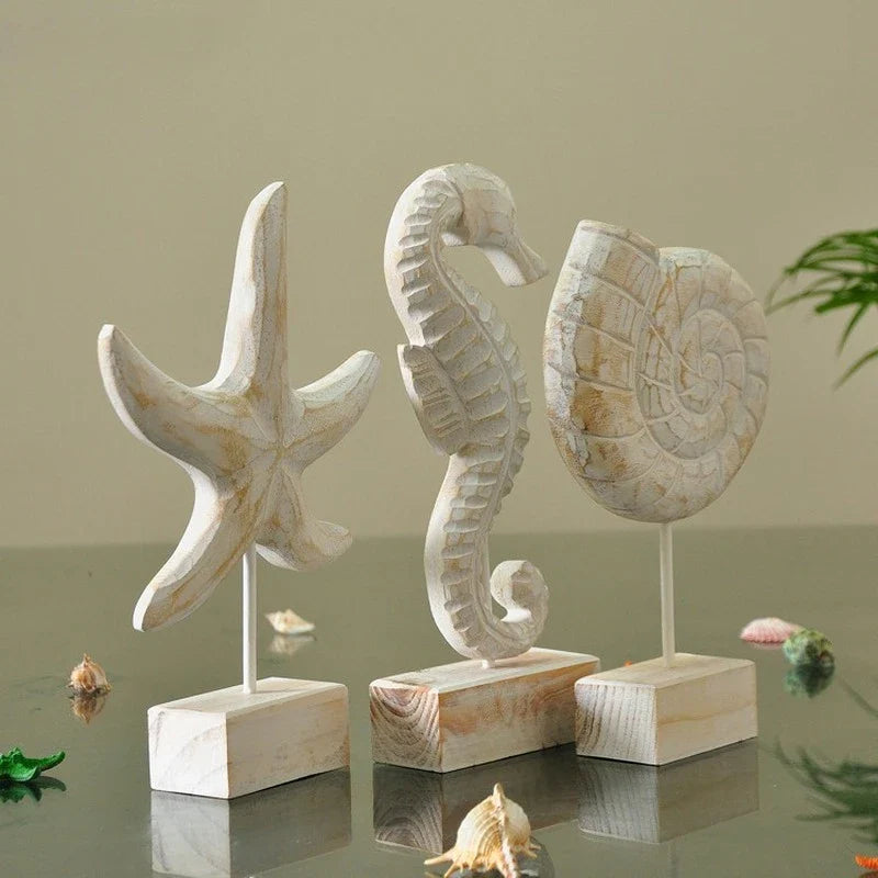 Mediterranean Style Home Decoration Accessories Wooden Crafts Starfish Conch Hippocampus Wood Carving Marine Living Room Decor