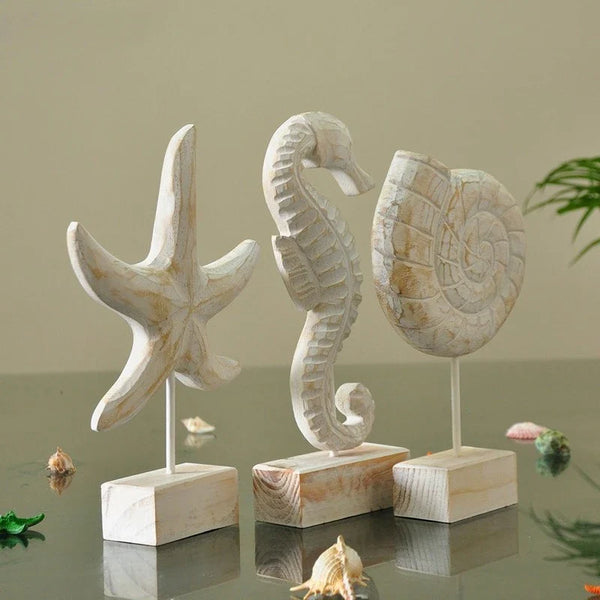 Mediterranean Style Home Decoration Accessories Wooden Crafts Starfish Conch Hippocampus Wood Carving Marine Living Room Decor