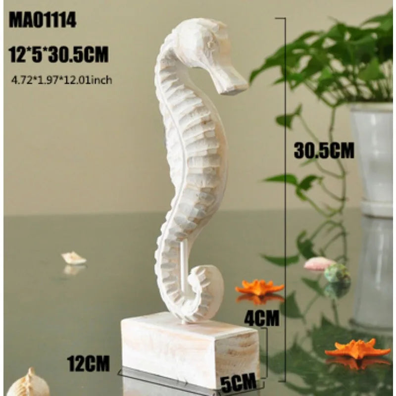 Mediterranean Style Home Decoration Accessories Wooden Crafts Starfish Conch Hippocampus Wood Carving Marine Living Room Decor