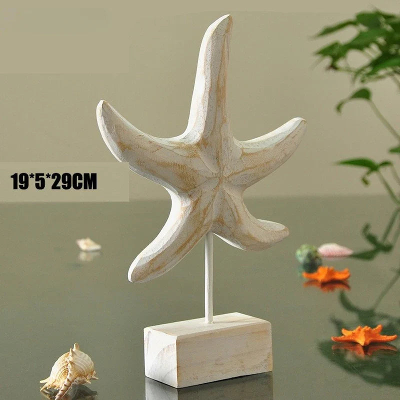 Mediterranean Style Home Decoration Accessories Wooden Crafts Starfish Conch Hippocampus Wood Carving Marine Living Room Decor
