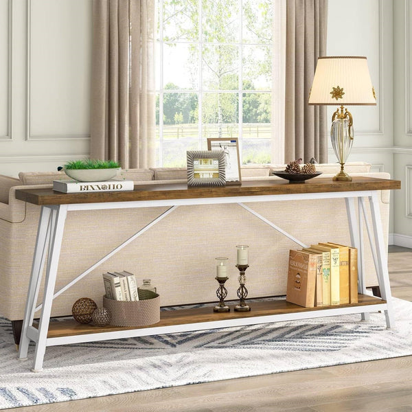 Heavy Duty 70-inch Industrial Brown Wood Top Sofa Table with White Metal Frame