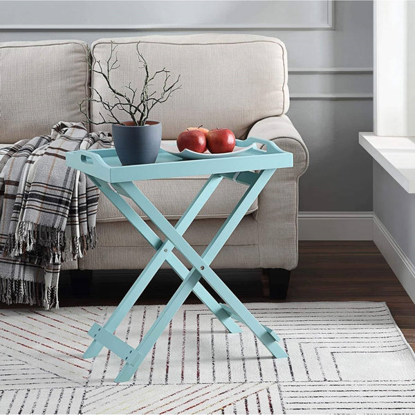 Folding TV Tray Bedside Table in Light Blue Teal Turquoise Seafoam Wood Finish