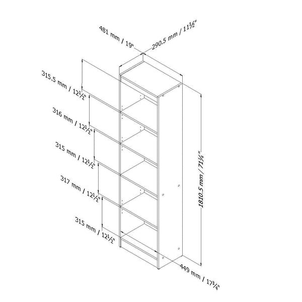5-Shelf Narrow Bookcase Storage Shelves in White Wood Finish