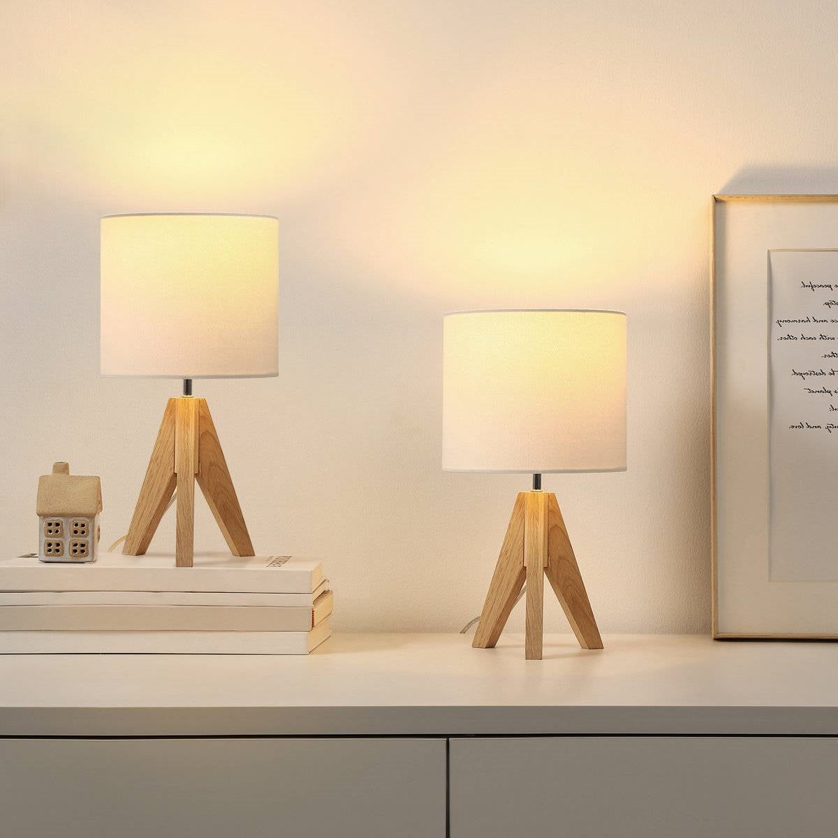 Set of 2 - Scandinavian Style Tripod Desk Lamp with White Linen Drum Shade