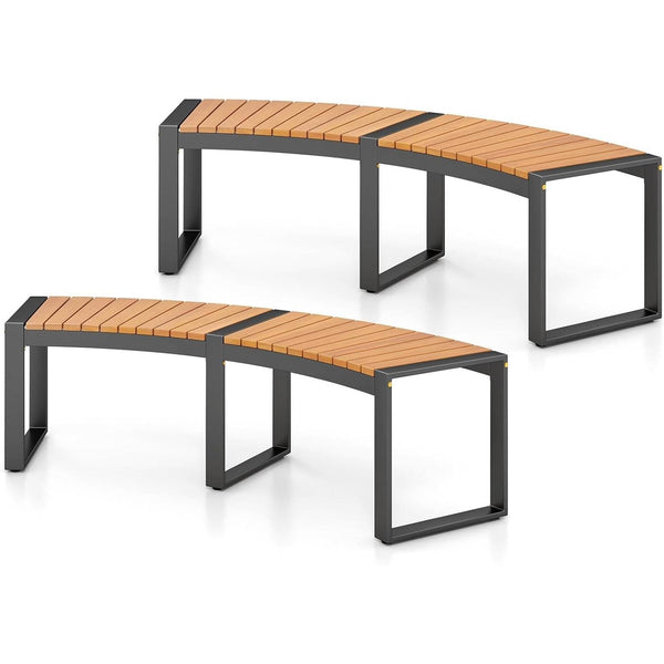 Set of 2 - Outdoor Metal Wood Backless Garden Bench with Modern Curved Design